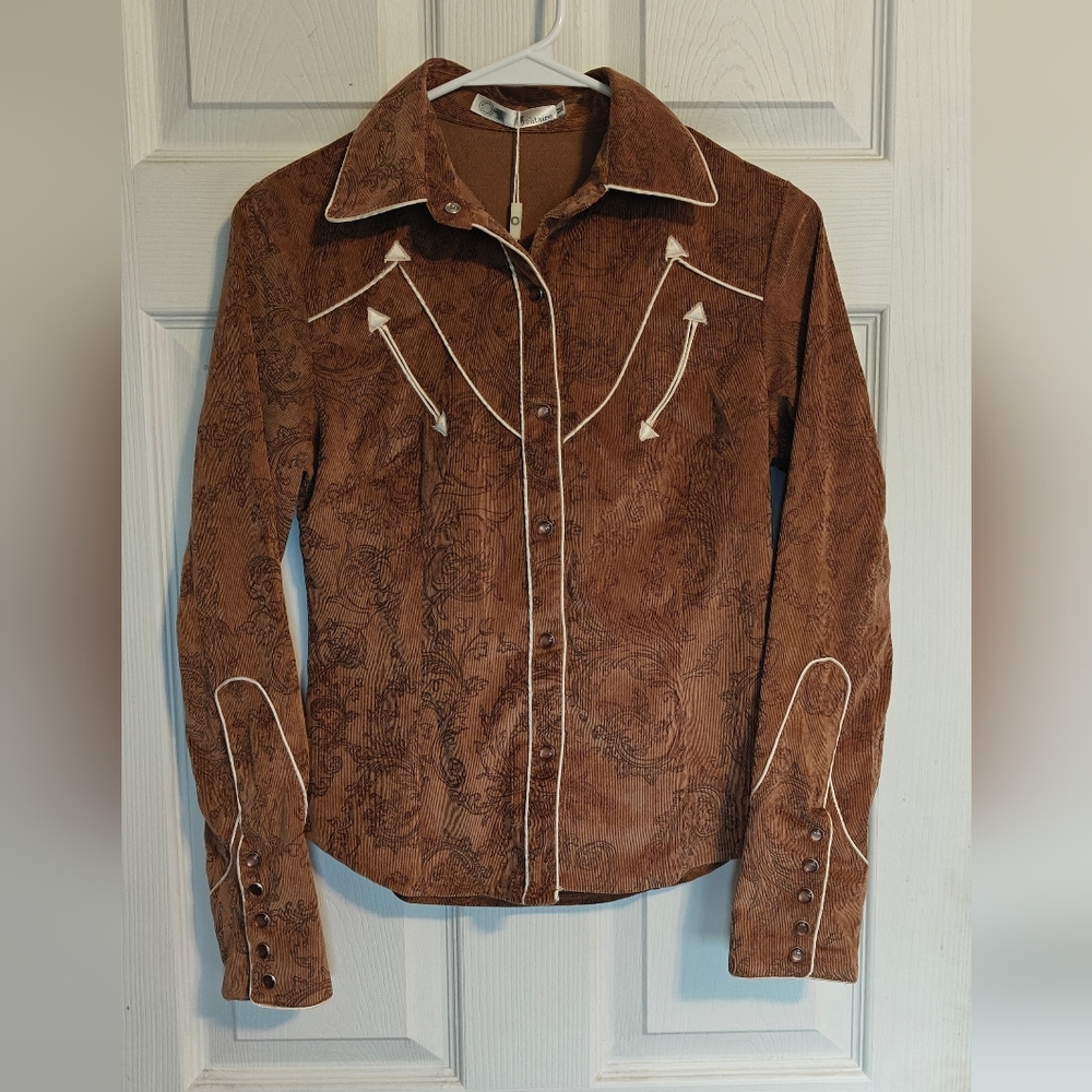 NWT Women's Brown Corduroy Paisley Western Cowboy Core Festival Button Up Medium